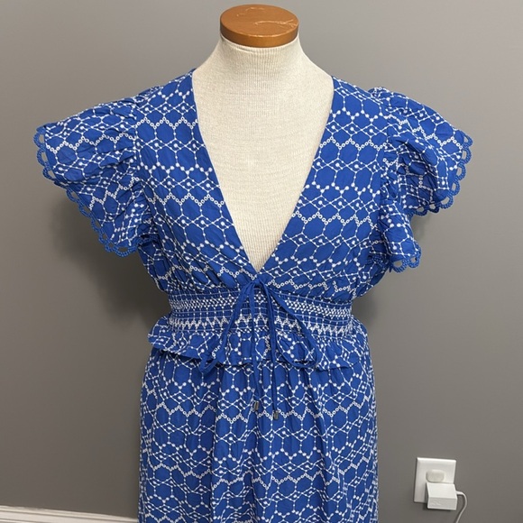 O.P.T. Anthropologie - Jardin Dress Eyelet Blue V-neck Cotton Midi Dress - Large - Picture 3 of 9
